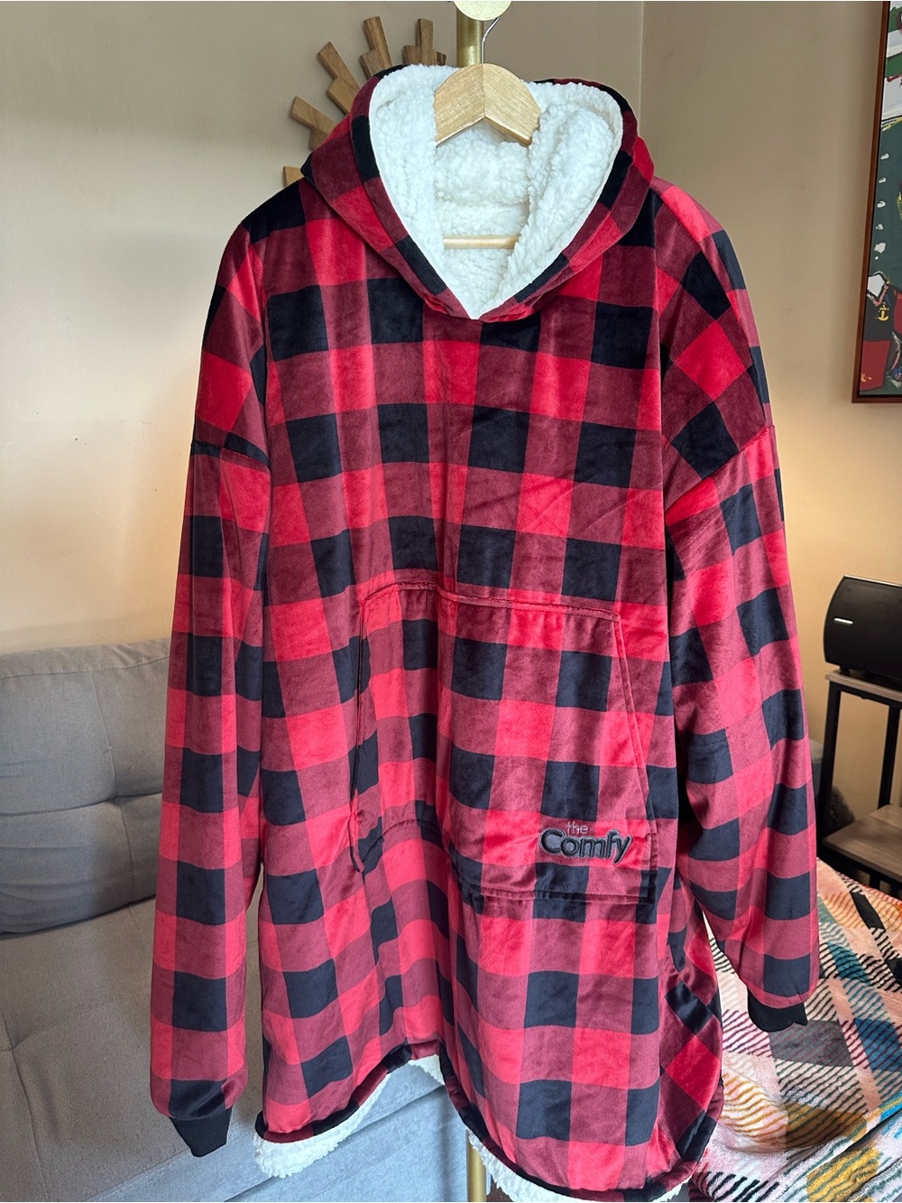 The Comfy Red & Black Buffalo Plaid Hoodie Sherpa Hooded Blanket